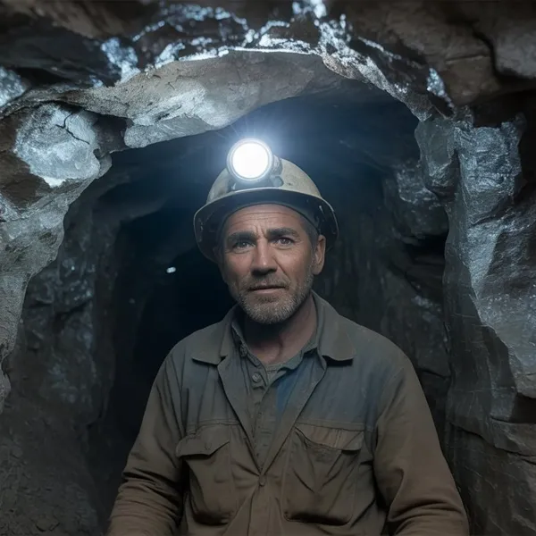 Miner with a helmet lamp in a tunnel with gleaming silver rock