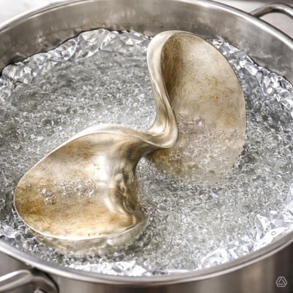 Tarnished curved silver object being cleaned in a water bath with aluminium foil